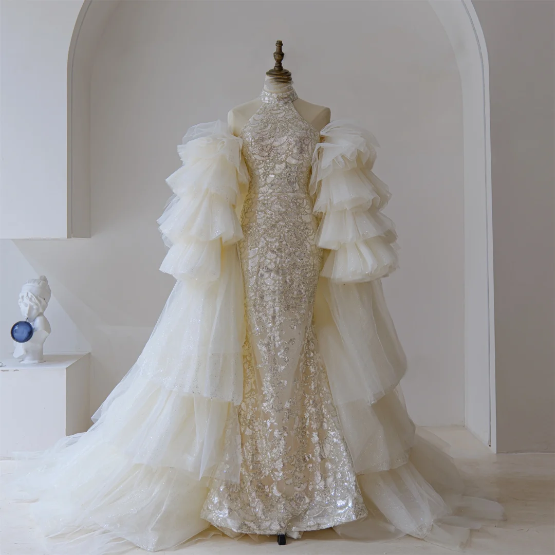 Robe de mariée sirène modeste, col haut, dentelle à sequins, corset ajusté, longue robe de mariée, robes de mariée RB1189