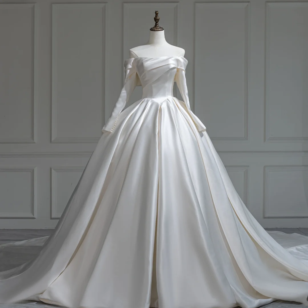Robe de mariée blanche à épaules dénudées, manches longues, coupe ajustée, corset en satin, robe de bal modeste, robe de mariée longue, RB1190