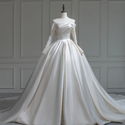 Robe de mariée blanche à épaules dénudées, manches longues, coupe ajustée, corset en satin, robe de bal modeste, robe de mariée longue, RB1190