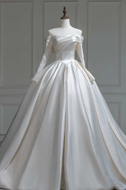Robe de mariée blanche à épaules dénudées, manches longues, coupe ajustée, corset en satin, robe de bal modeste, robe de mariée longue, RB1190