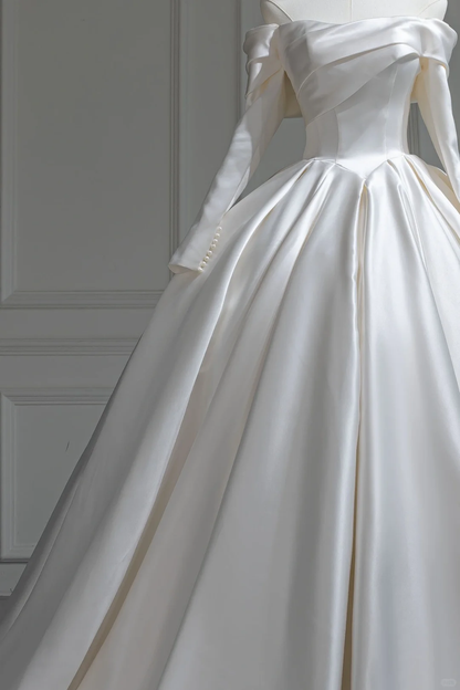 Robe de mariée blanche à épaules dénudées, manches longues, coupe ajustée, corset en satin, robe de bal modeste, robe de mariée longue, RB1190