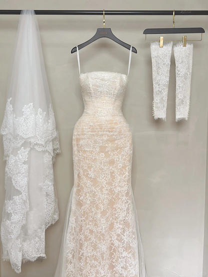 Robe de mariée sirène bustier en dentelle blanche, style corset ajusté, robe de mariée longue, RB1193