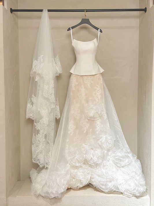 Vintage Mermaid Strapless White Lace Satin Fitted Corset Wedding Dress Long Bridal Gown Wedding Gowns RB1194