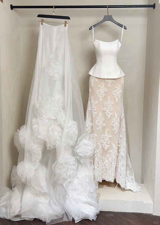 Vintage Mermaid Strapless White Lace Satin Fitted Corset Wedding Dress Long Bridal Gown Wedding Gowns RB1194