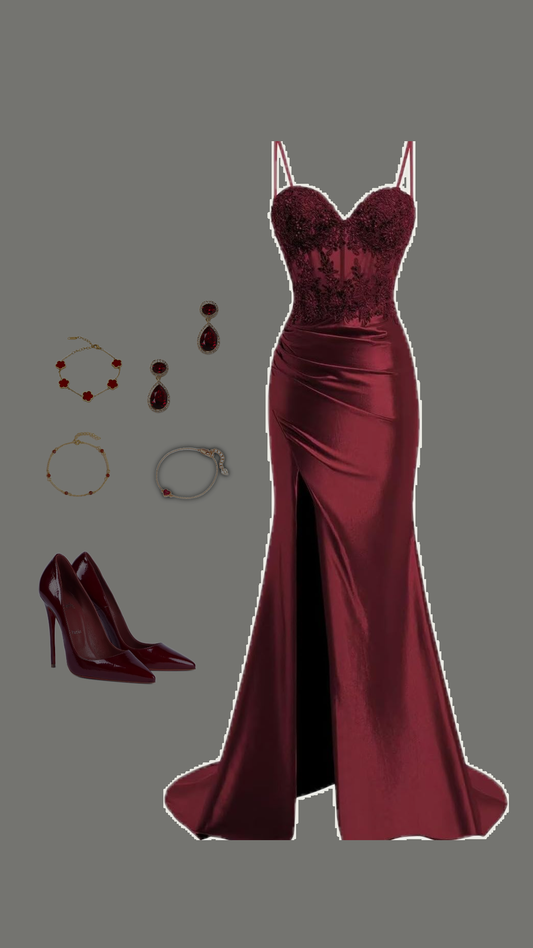Robe de bal longue et sexy à bretelles spaghetti et dentelle bordeaux, style sirène, tenue de soirée pour 21e anniversaire, robe de remise de diplôme, RB1195