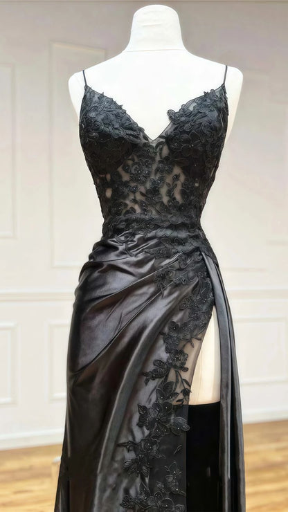 Sexy Mermaid Spaghetti Straps Black Lace Slit Long Prom Dresses Inspiration Party Dress 21st Birthday Outfit Graduation Dress RB1197