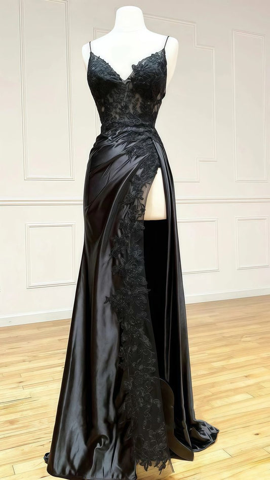 Robe de bal longue sexy à bretelles spaghetti et dentelle noire, tenue de soirée pour 21e anniversaire, robe de remise de diplôme, RB1197