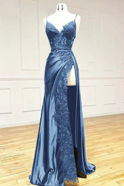 Sexy Mermaid Spaghetti Straps Black Lace Slit Long Prom Dresses Inspiration Party Dress 21st Birthday Outfit Graduation Dress RB1197