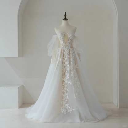 Robe de mariée élégante à manches longues et décolleté en cœur, coupe ajustée, corset en dentelle, robe de mariée longue, RB1208