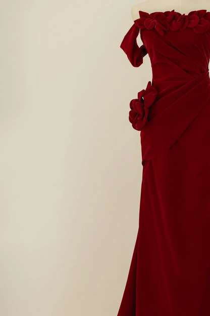 Vintage Mermaid Off The Shoulder Burgundy Ruffles Velvet Long Prom Dresses Inspiration Party Dress Graduation Dress RB1209