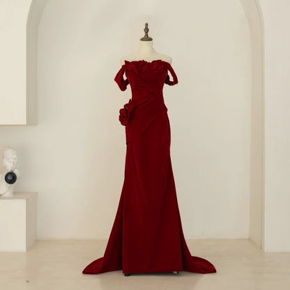 Vintage Mermaid Off The Shoulder Burgundy Ruffles Velvet Long Prom Dresses Inspiration Party Dress Graduation Dress RB1209