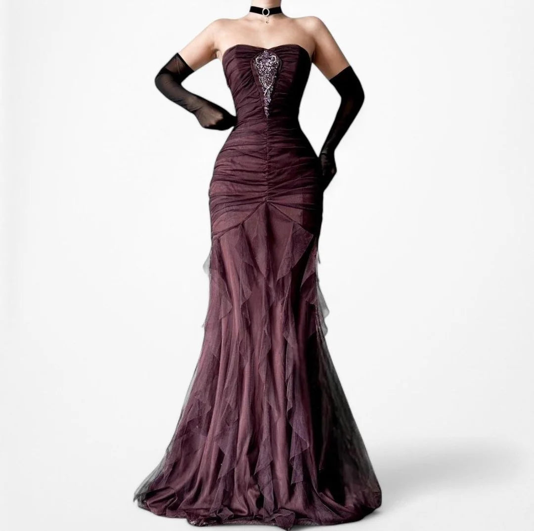 Vintage Mermaid Sweetheart Burgundy With Beaded Sequins Pleated Long Prom Dresses Inspiration Party Dress Graduation Dress RB1210