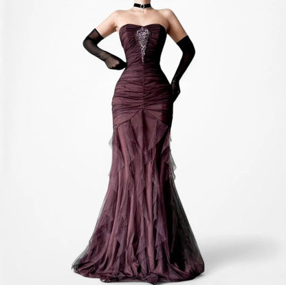 Vintage Mermaid Sweetheart Burgundy With Beaded Sequins Pleated Long Prom Dresses Inspiration Party Dress Graduation Dress RB1210