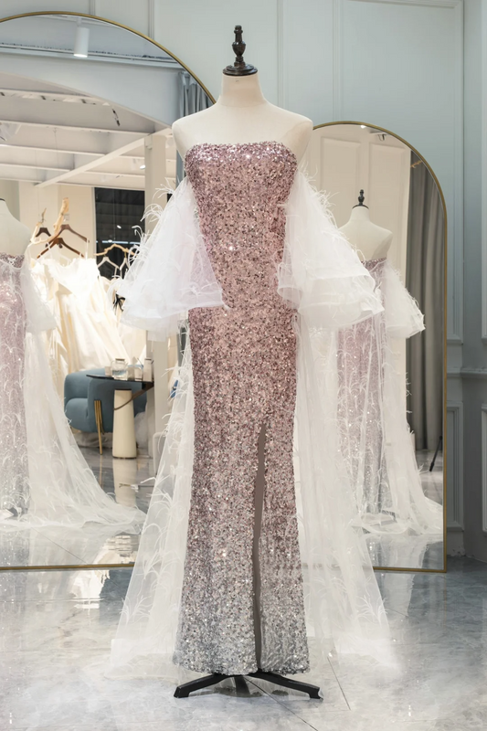 Robe de bal longue et sexy style sirène, sans bretelles, rose, argentée, à paillettes, fendue, robe de soirée, robe de remise de diplôme, RB1214