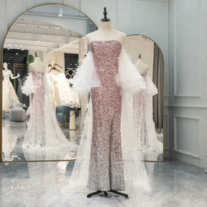 Sexy Mermaid Strapless Pink Silver Sequins Slit Long Prom Dresses Inspiration Party Dress Graduation Dress RB1214