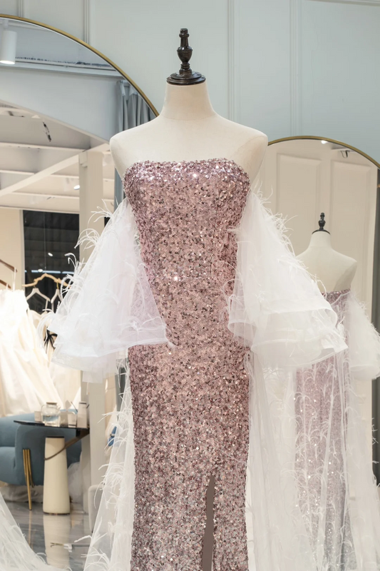 Robe de bal longue et sexy style sirène, sans bretelles, rose, argentée, à paillettes, fendue, robe de soirée, robe de remise de diplôme, RB1214