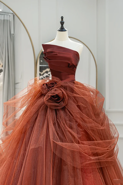 Robe de bal bustier mignonne en tulle fleuri rouge poudré, longue, pour Quinceanera, anniversaire, Sweet 15/16, RB1215