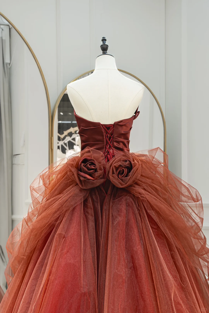 Robe de bal bustier mignonne en tulle fleuri rouge poudré, longue, pour Quinceanera, anniversaire, Sweet 15/16, RB1215