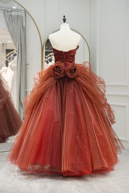 Robe de bal bustier mignonne en tulle fleuri rouge poudré, longue, pour Quinceanera, anniversaire, Sweet 15/16, RB1215
