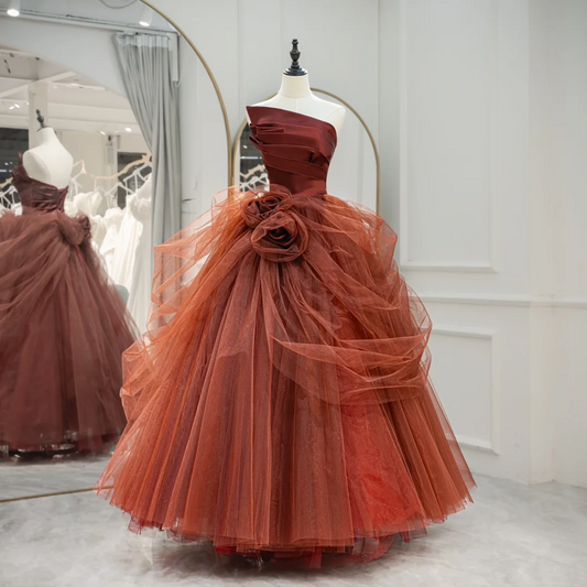 Cute Strapless Ball Gown Dusty Red Floral Tulle Long Quinceanera Dress Birthday Dresses Sweet 15 16 Dress RB1215