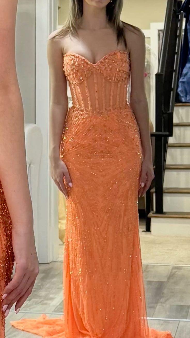 Robe de bal sirène sexy à paillettes orange, décolleté en cœur, longue, tenue de soirée, d'anniversaire, de remise de diplôme, RB1224