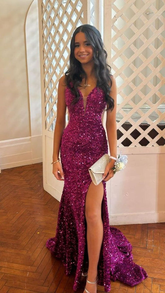 Robe de bal longue style sirène fuchsia à bretelles spaghetti et fentes, tenue pour 18e anniversaire, robe de soirée dansante pour lycée RB1227