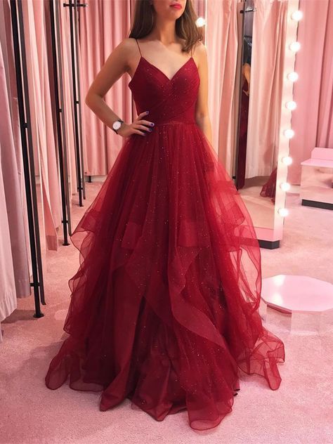 Elegant Ball Gown Spaghetti Straps Red Tulle Prom Dresses Long Party Dress 18th Birthday Outfit Graduation Dress RB1229