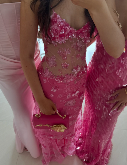 Robe de bal sirène sexy à bretelles spaghetti et paillettes roses, tenue longue pour 18e anniversaire, robe de soirée dansante au lycée RB1235