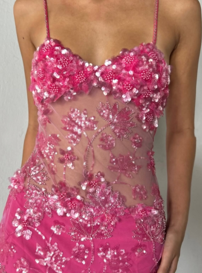 Robe de bal sirène sexy à bretelles spaghetti et paillettes roses, tenue longue pour 18e anniversaire, robe de soirée dansante au lycée RB1235