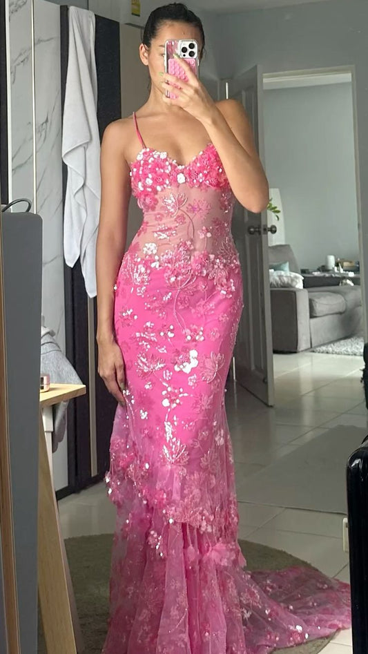 Sexy Mermaid Spaghetti Straps Pink Floral Sequin Prom Dresses Long 18th Birthday Outfit High School Dance Party Dress RB1235