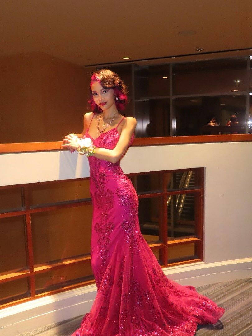 Robe de bal sirène sexy à bretelles spaghetti, rose vif, en dentelle et paillettes, tenue longue pour 18e anniversaire, robe de soirée dansante au lycée RB1236