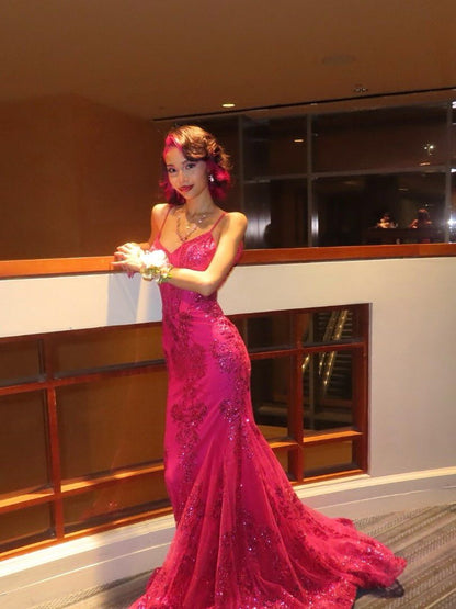 Robe de bal sirène sexy à bretelles spaghetti, rose vif, en dentelle et paillettes, tenue longue pour 18e anniversaire, robe de soirée dansante au lycée RB1236