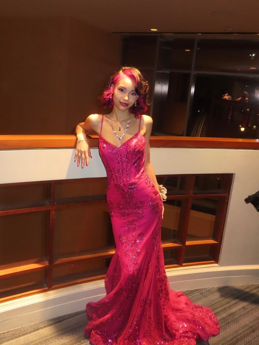 Robe de bal sirène sexy à bretelles spaghetti, rose vif, en dentelle et paillettes, tenue longue pour 18e anniversaire, robe de soirée dansante au lycée RB1236