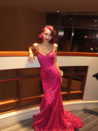 Robe de bal sirène sexy à bretelles spaghetti, rose vif, en dentelle et paillettes, tenue longue pour 18e anniversaire, robe de soirée dansante au lycée RB1236