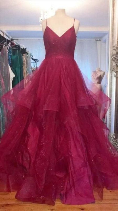 Robe de bal élégante à bretelles spaghetti en tulle bordeaux, robe de soirée longue pour 18e anniversaire, robe de remise de diplôme RB1237