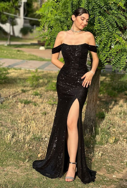 Robe de bal longue noire à paillettes et épaules dénudées, style sirène, tenue de soirée pour 18 ans, style lycée, RB1238