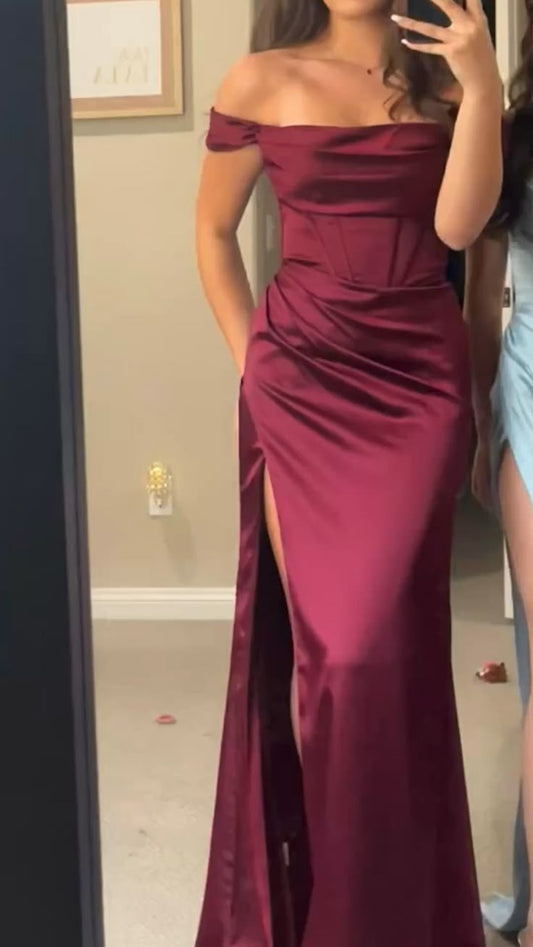 Robe de bal sirène simple, épaules dénudées, bordeaux, fendue, longue, tenue pour 18e anniversaire, robe de soirée dansante pour lycée, RB1245