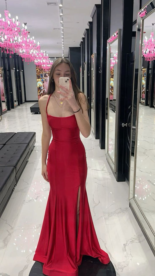 Classy Mermaid Spaghetti Straps Red Slit Satin Prom Dresses Long Birthday Outfit High School Dance Formal Plain Prom Dress RB1254