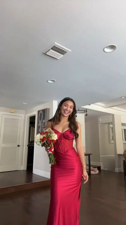 Cheap Mermaid Spaghetti Straps Red Long Classy Beautiful Satin Prom Dresses Party Dress Birthday Outfit Graduation Dress RB1257
