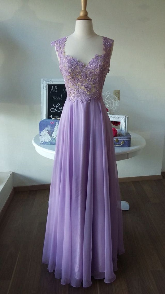 Unique A line Sweetheart Lilac Chiffon Lace Long Classy Beautiful Prom Dresses Inspiration Party Dress Birthday Outfit Graduation Dress RB1259