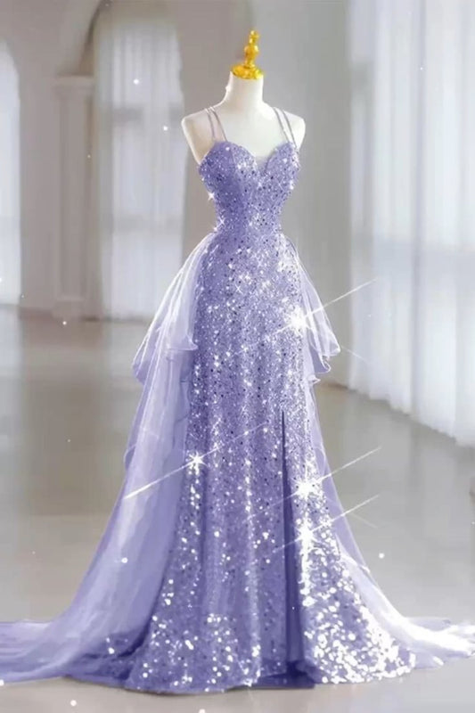 Robe de bal sirène élégante et modeste, bretelles spaghetti, lilas, fendue, sequins, inspiration longue, robe de bal formelle, unie, RB1260
