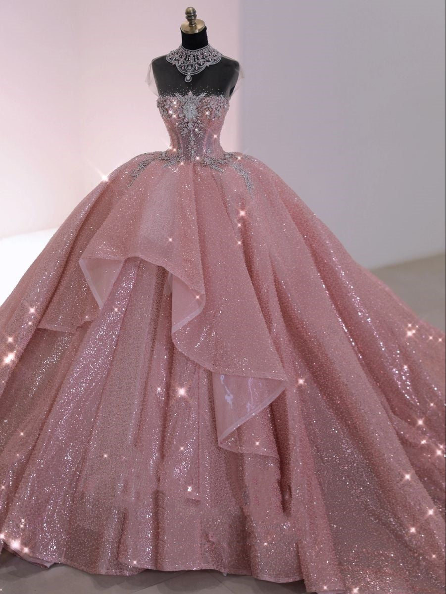 Shiny Quinceanera Dresses Ball Gown Sequins Pink Birthday Gowns Vestidos De 15 Anos Long Sweet 16 Dress RB1265