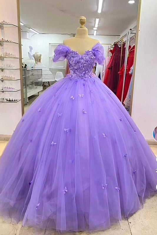Cute Ball Gown Off The Shoulder Purple Long Tulle Quinceanera Dress Prom Dresses Sweet 15 16 Dress RB1266