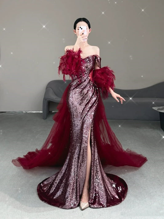 Sexy Mermaid Off The Shoulder Burgundy Sequins Slit Long Prom Dresses Inspiration Party Dress Graduation Dress RB1269
