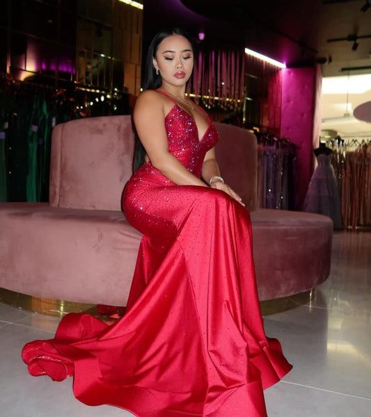 Robe de bal sirène sexy à bretelles spaghetti, en satin rouge, fendue, longue, pailletée, robe de soirée, robe de remise de diplôme, RB1273