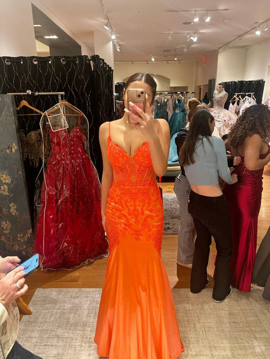 Gorgeous Mermaid Spaghetti Straps Lace Long Orange Junior Prom Dresses Inspiration Party Dress Graduation Gown RB1281