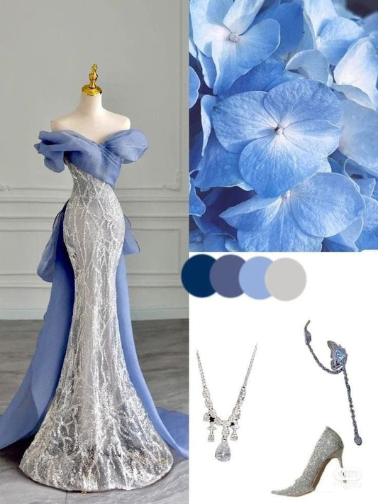Exquisite Mermaid Off The Shoulder Blue Sequins Prom Dresses Long Party Dress 18th Birthday Outfit Prom Gowns RB1293