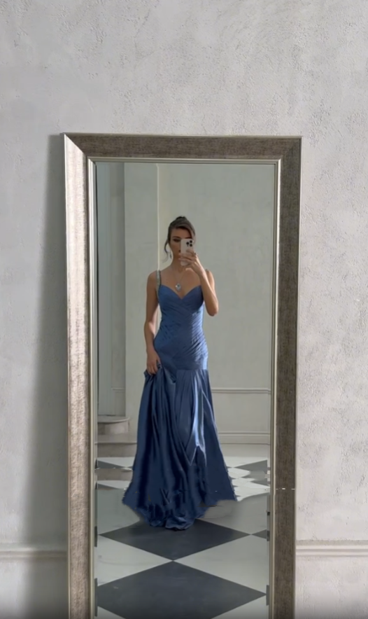 Vintage Mermaid Spaghetti Straps Blue Chiffon Long Prom Dresses Inspiration Prom Gown RB1294