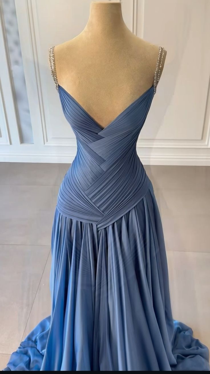 Vintage Mermaid Spaghetti Straps Blue Chiffon Long Prom Dresses Inspiration Prom Gown RB1294