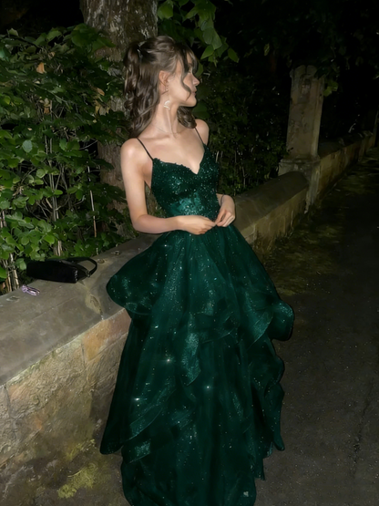 Chic Ball Gown Spaghetti Straps Navy Blue Tulle Long Prom Dresses Inspiration Party Dress Prom Gowns RB1295